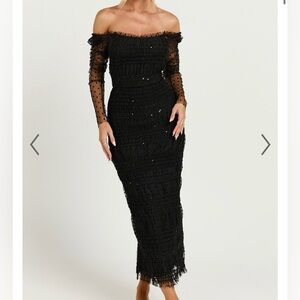 Showpo Long Sleeve Shirred Tulle Midi Dress